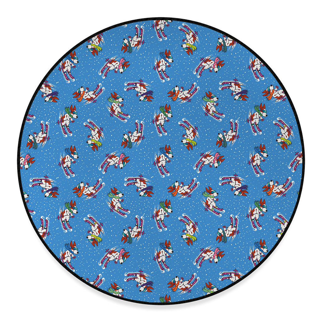 Skiing Dog Pattern Print Round Floor Mat