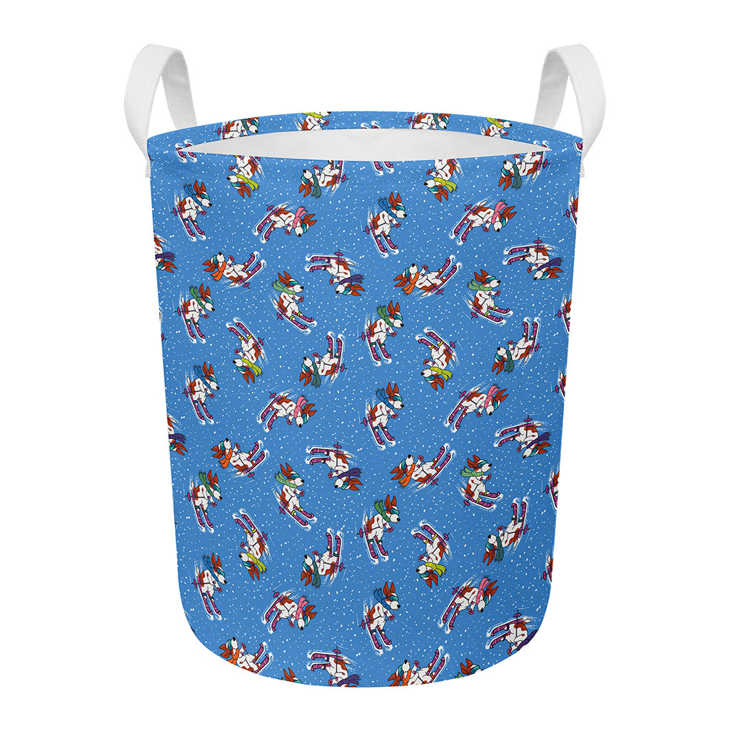 Skiing Dog Pattern Print Round Laundry Basket