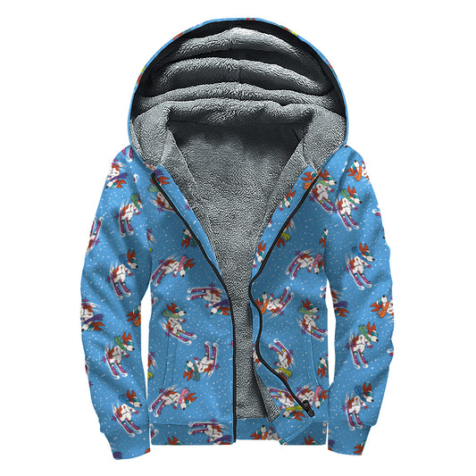 Skiing Dog Pattern Print Sherpa Lined Zip Up Hoodie