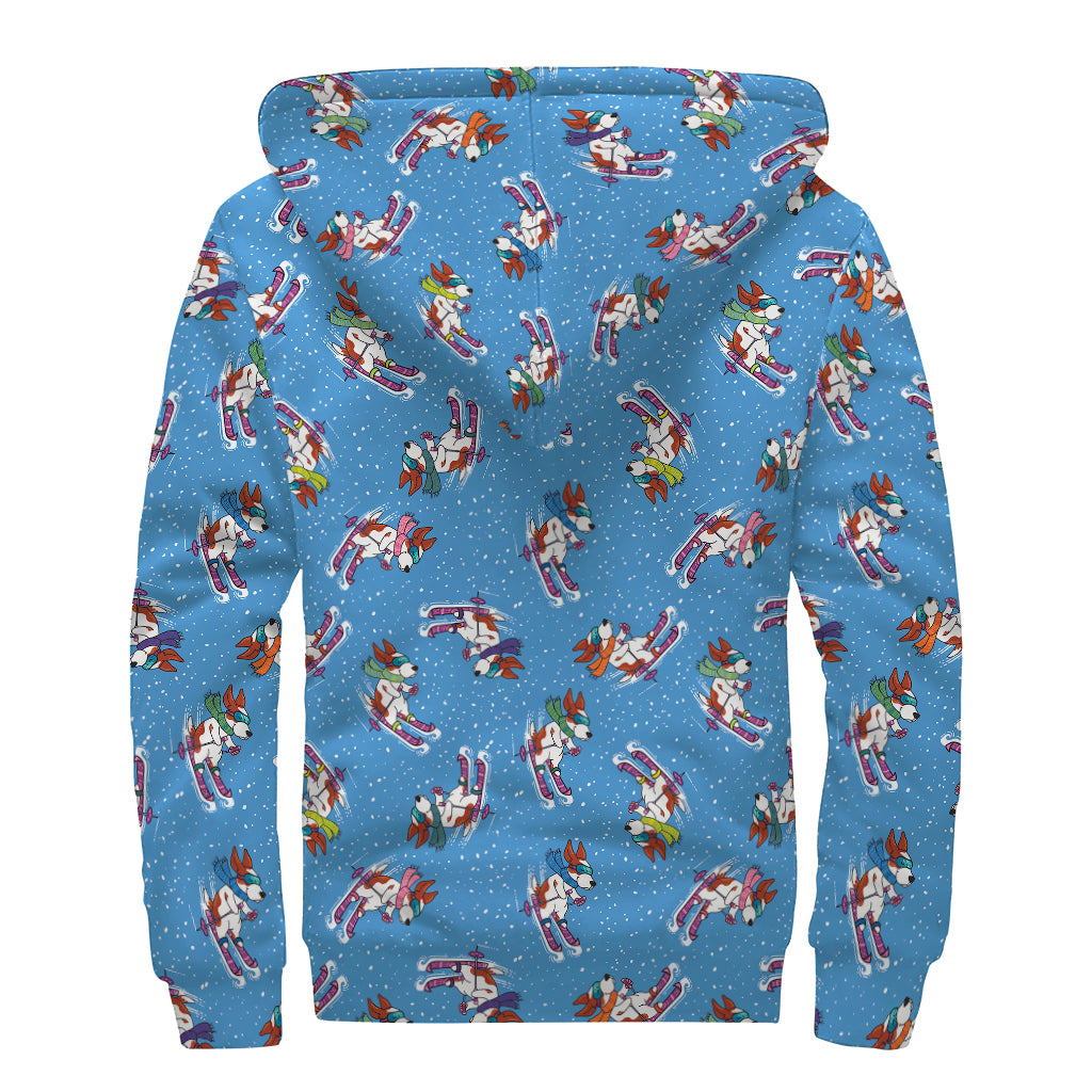 Skiing Dog Pattern Print Sherpa Lined Zip Up Hoodie