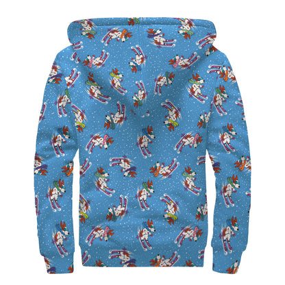 Skiing Dog Pattern Print Sherpa Lined Zip Up Hoodie