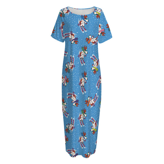 Skiing Dog Pattern Print Short Sleeve Long Nightdress