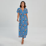 Skiing Dog Pattern Print Short Sleeve Maxi Dress