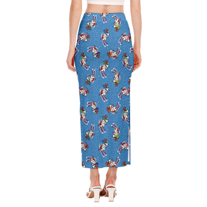 Skiing Dog Pattern Print Side Slit Maxi Skirt