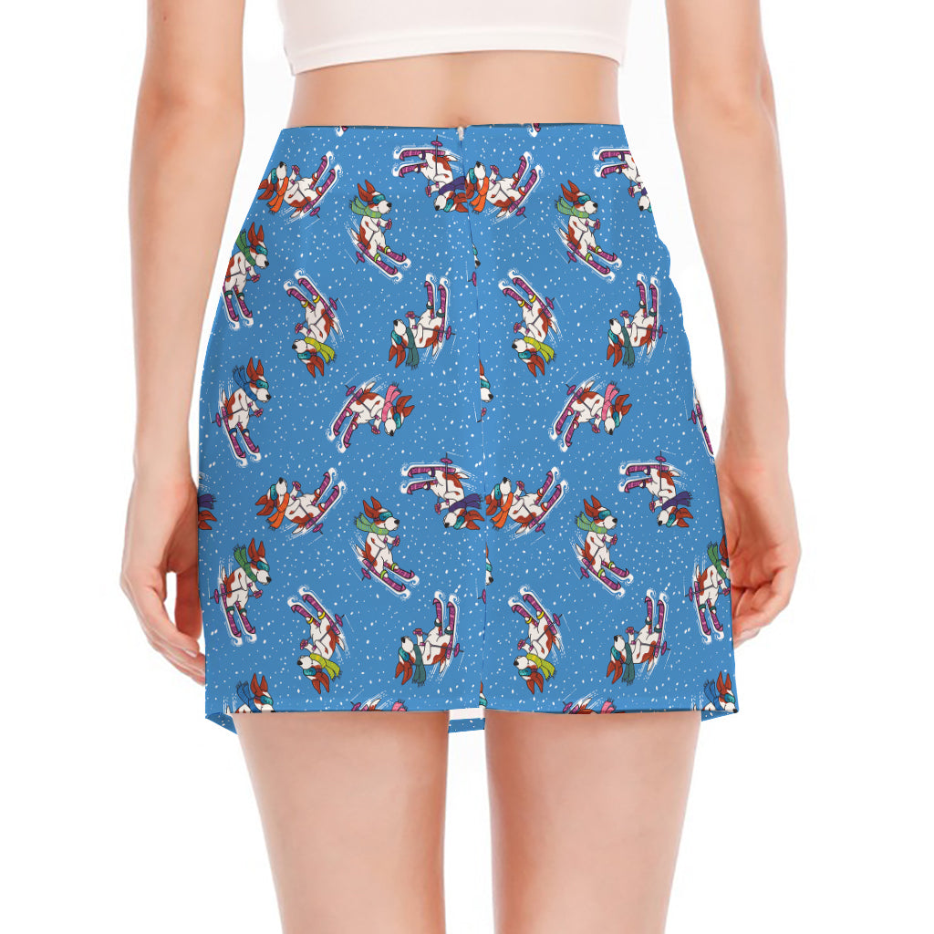 Skiing Dog Pattern Print Side Slit Mini Skirt