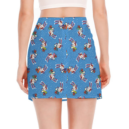 Skiing Dog Pattern Print Side Slit Mini Skirt