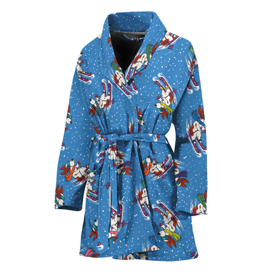 Skiing Dog Pattern Print Women's Bathrobe
