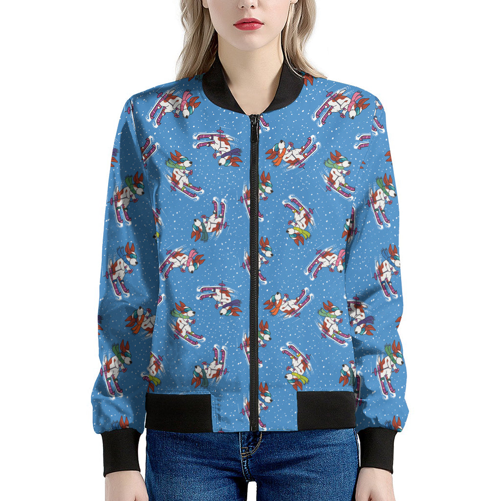 Skiing Dog Pattern Print Women's Bomber Jacket