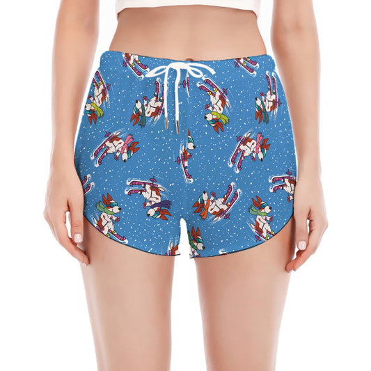 Skiing Dog Pattern Print Women's Split Running Shorts