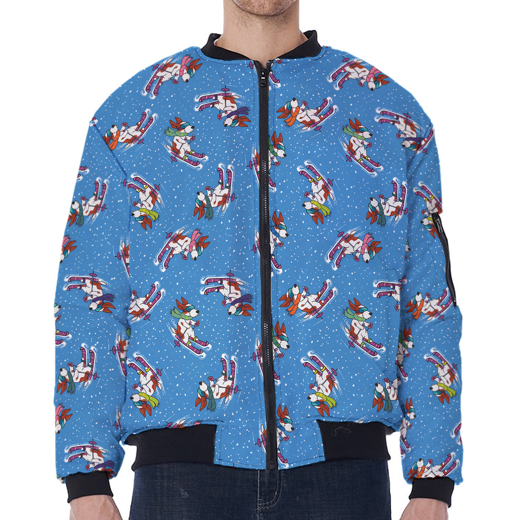 Skiing Dog Pattern Print Zip Sleeve Bomber Jacket