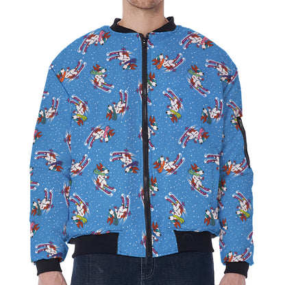 Skiing Dog Pattern Print Zip Sleeve Bomber Jacket