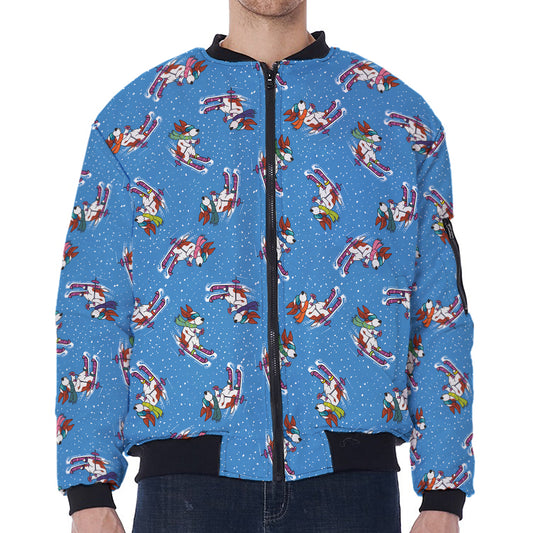 Skiing Dog Pattern Print Zip Sleeve Bomber Jacket