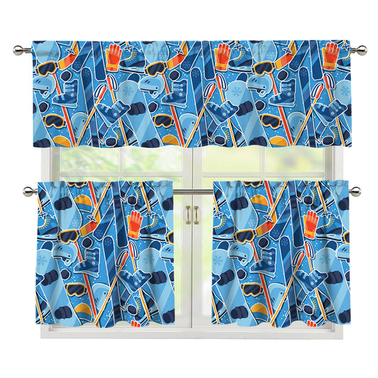 Skiing Equipment Pattern Print 3 Piece Kitchen Curtains