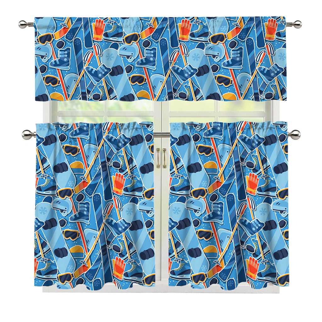 Skiing Equipment Pattern Print 3 Piece Kitchen Curtains