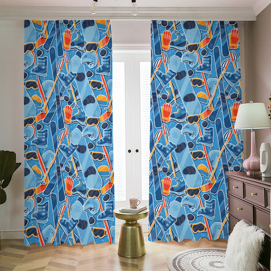 Skiing Equipment Pattern Print Blackout Pencil Pleat Curtains