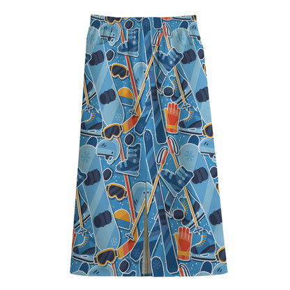 Skiing Equipment Pattern Print Cotton Front Slit Maxi Skirt