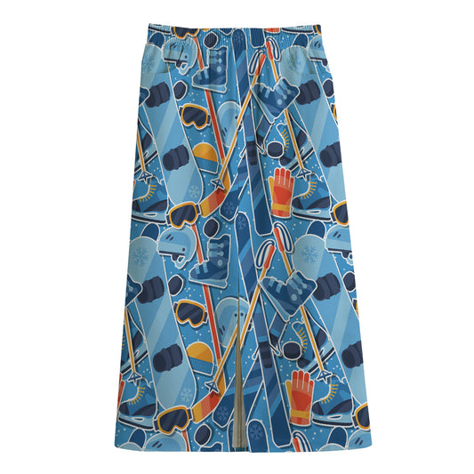Skiing Equipment Pattern Print Cotton Front Slit Maxi Skirt