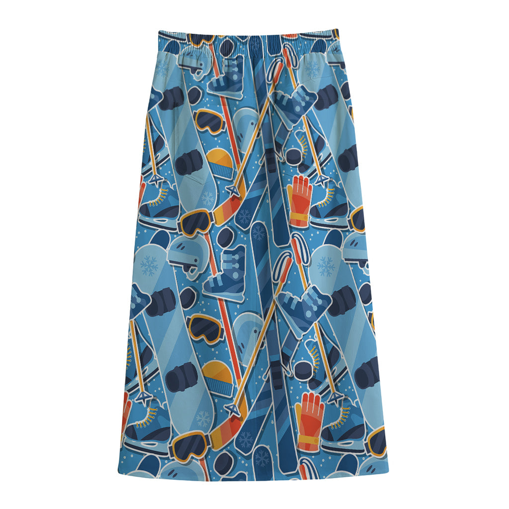 Skiing Equipment Pattern Print Cotton Front Slit Maxi Skirt