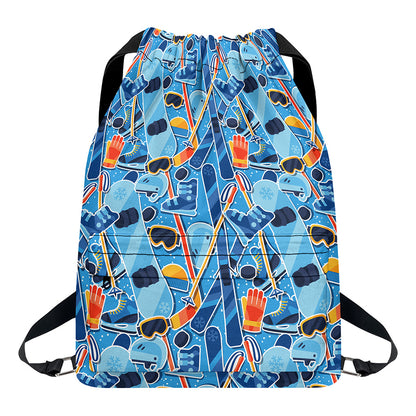 Skiing Equipment Pattern Print Drawstring Backpack