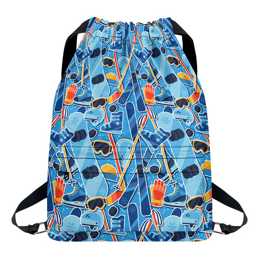 Skiing Equipment Pattern Print Drawstring Backpack