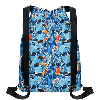 Skiing Equipment Pattern Print Drawstring Backpack