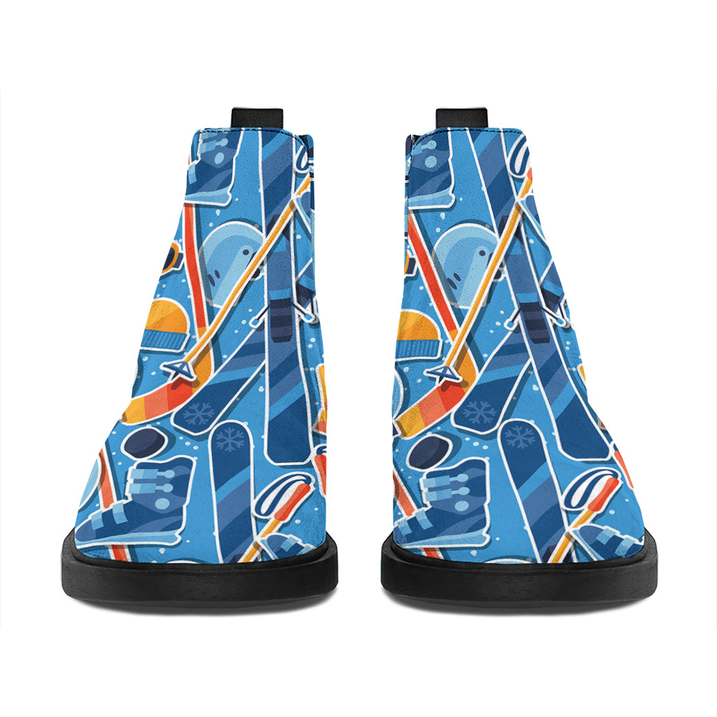 Skiing Equipment Pattern Print Flat Ankle Boots