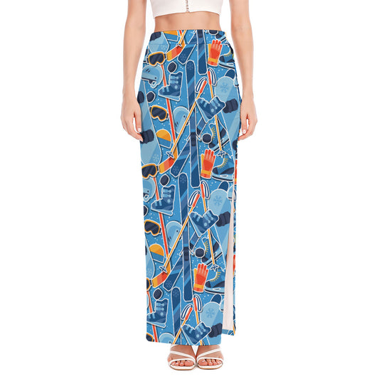 Skiing Equipment Pattern Print High Slit Maxi Skirt