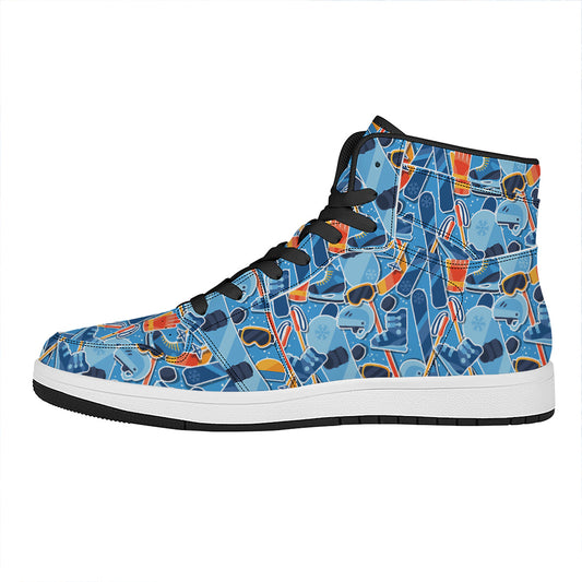 Skiing Equipment Pattern Print High Top Leather Sneakers