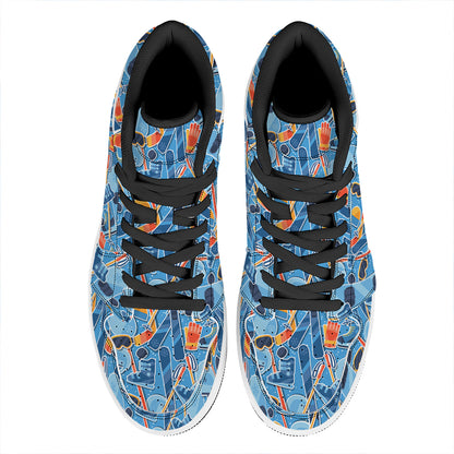 Skiing Equipment Pattern Print High Top Leather Sneakers