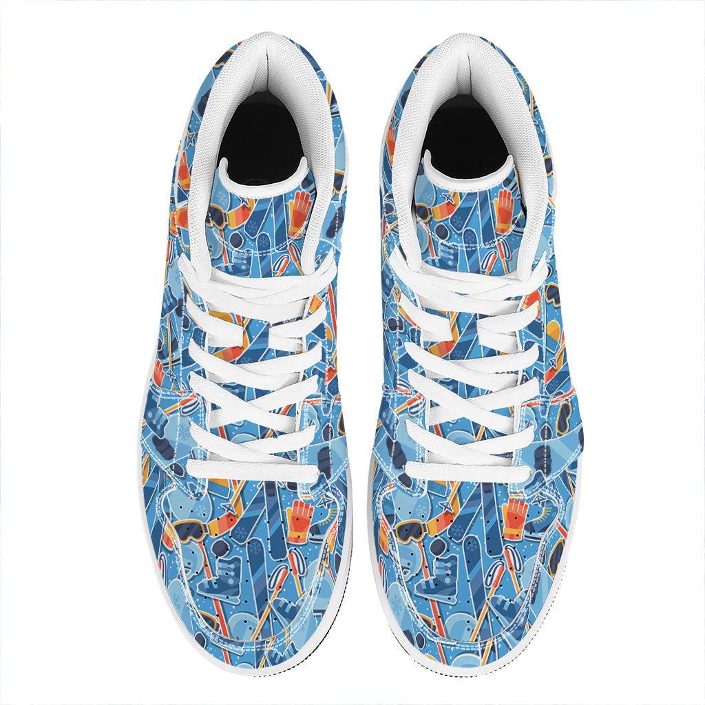 Skiing Equipment Pattern Print High Top Leather Sneakers
