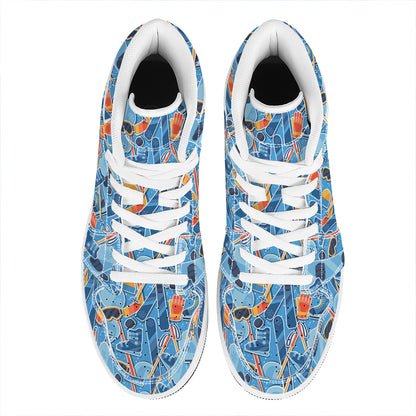 Skiing Equipment Pattern Print High Top Leather Sneakers