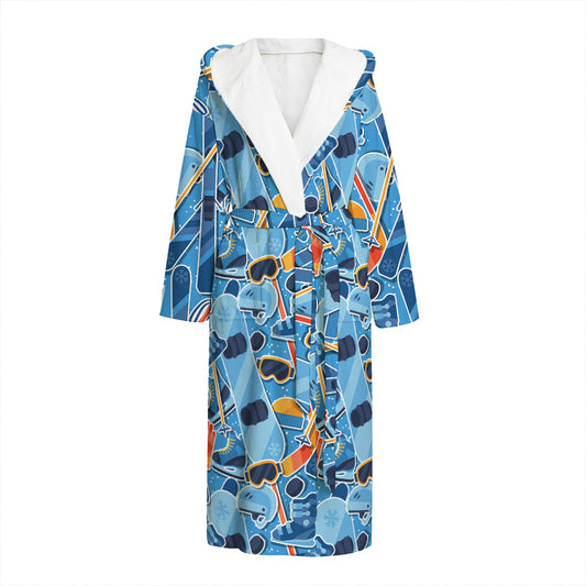 Skiing Equipment Pattern Print Hooded Bathrobe