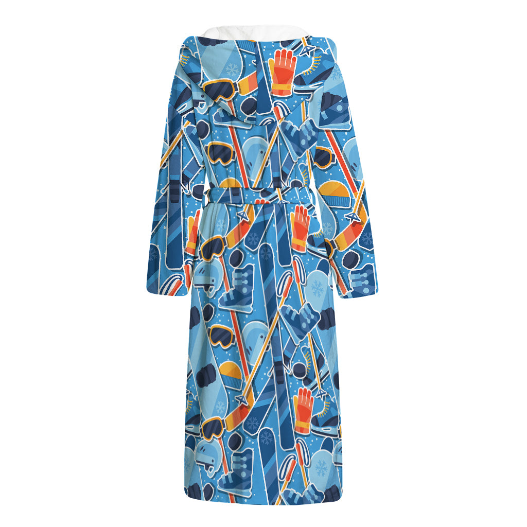 Skiing Equipment Pattern Print Hooded Bathrobe