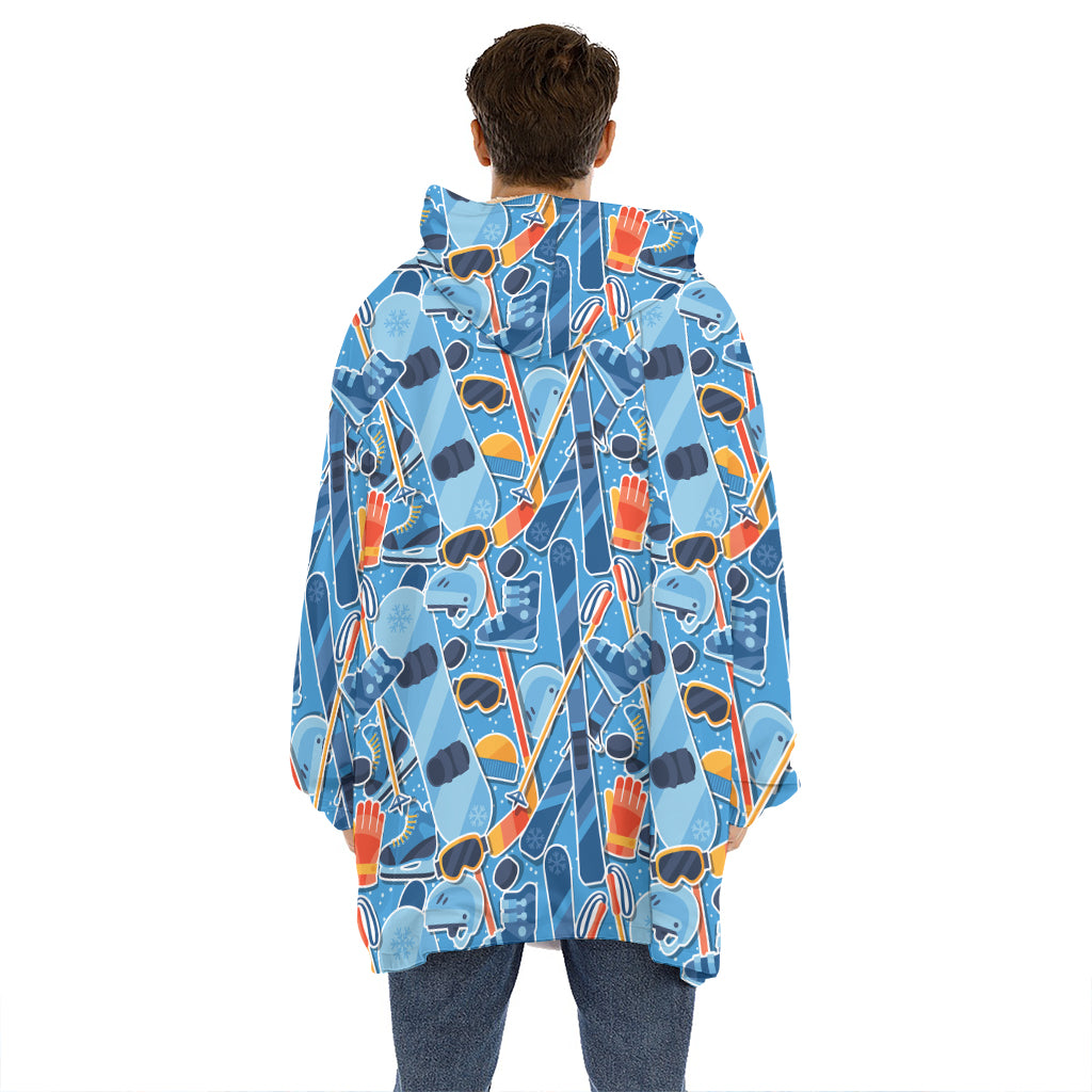 Skiing Equipment Pattern Print Hoodie Blanket
