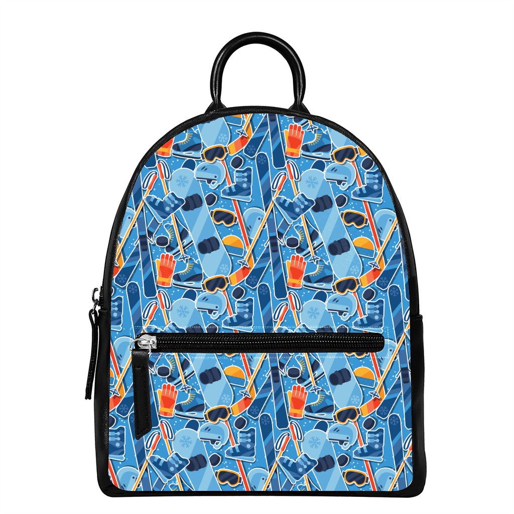 Skiing Equipment Pattern Print Leather Backpack