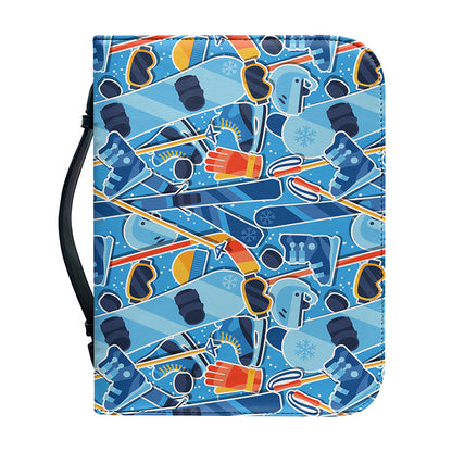 Skiing Equipment Pattern Print Leather Bible Cover