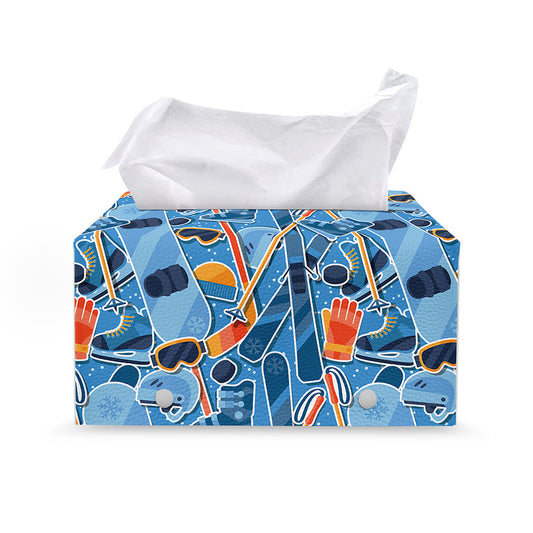 Skiing Equipment Pattern Print Leather Tissue Box Cover