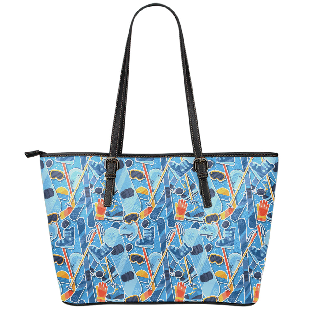 Skiing Equipment Pattern Print Leather Tote Bag