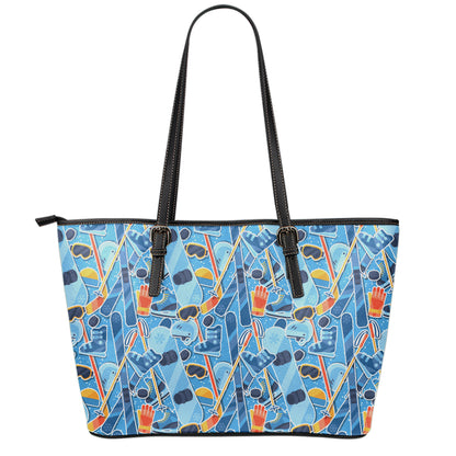 Skiing Equipment Pattern Print Leather Tote Bag