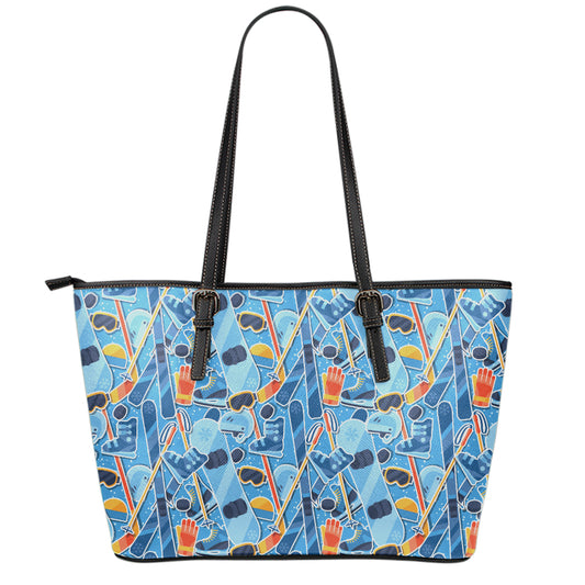 Skiing Equipment Pattern Print Leather Tote Bag