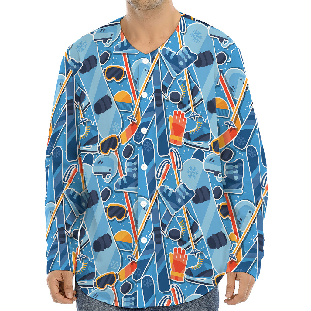 Skiing Equipment Pattern Print Long Sleeve Baseball Jersey