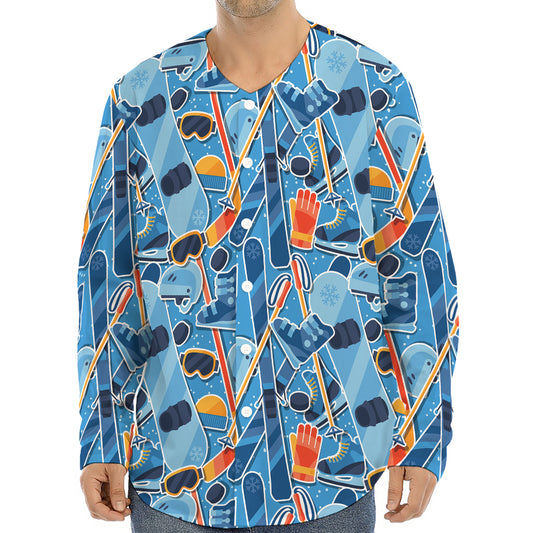 Skiing Equipment Pattern Print Long Sleeve Baseball Jersey