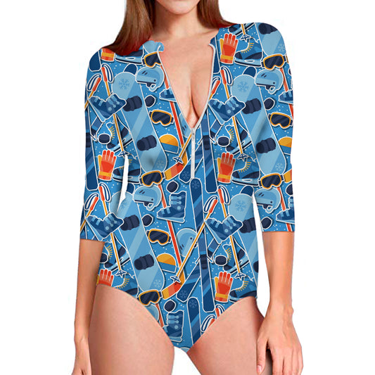 Skiing Equipment Pattern Print Long Sleeve Swimsuit