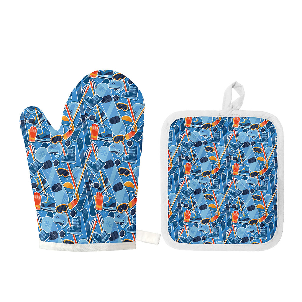 Skiing Equipment Pattern Print Oven Mitt And Pot Holder Set