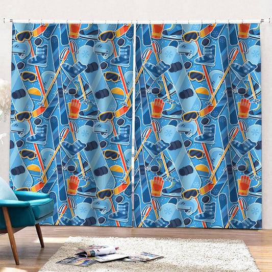 Skiing Equipment Pattern Print Pencil Pleat Curtains