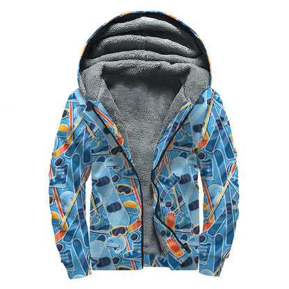Skiing Equipment Pattern Print Sherpa Lined Zip Up Hoodie