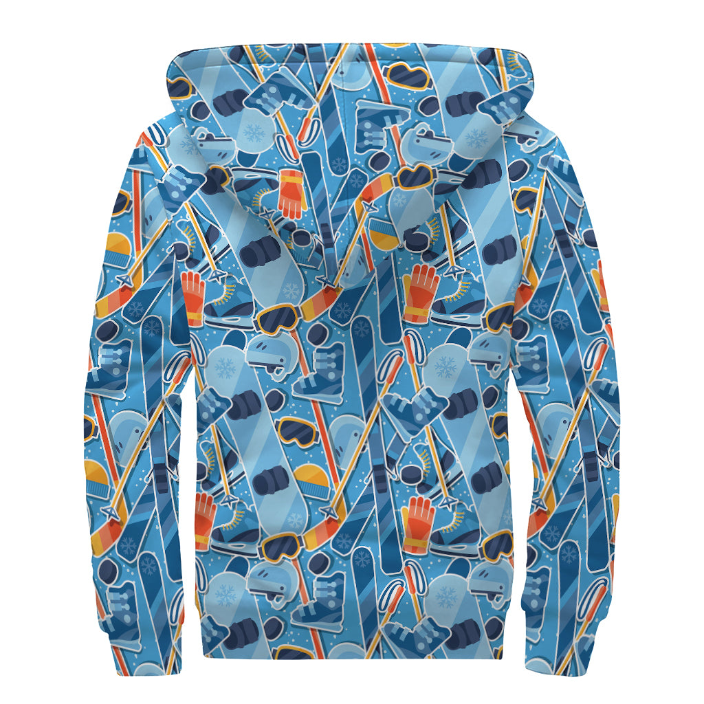 Skiing Equipment Pattern Print Sherpa Lined Zip Up Hoodie