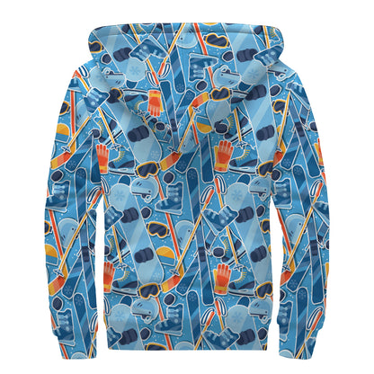 Skiing Equipment Pattern Print Sherpa Lined Zip Up Hoodie