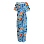 Skiing Equipment Pattern Print Short Sleeve Long Nightdress