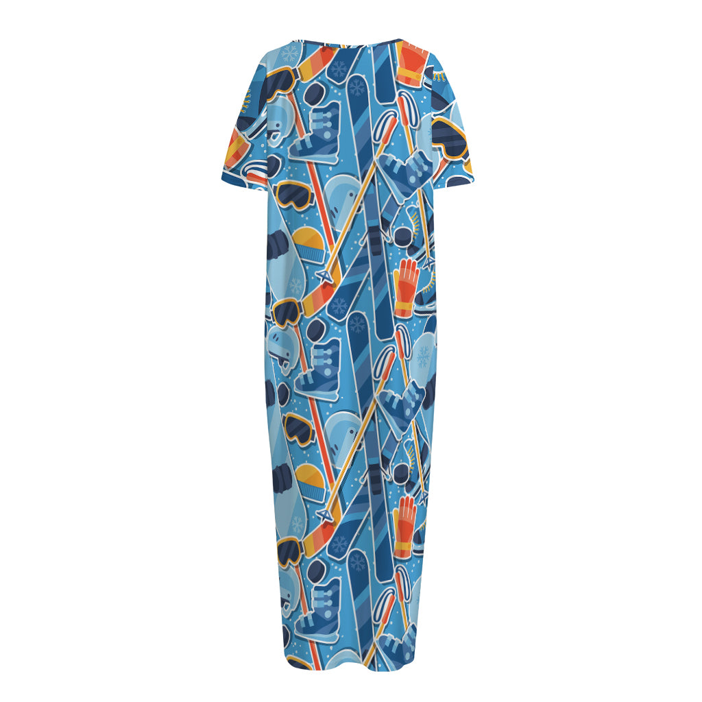 Skiing Equipment Pattern Print Short Sleeve Long Nightdress